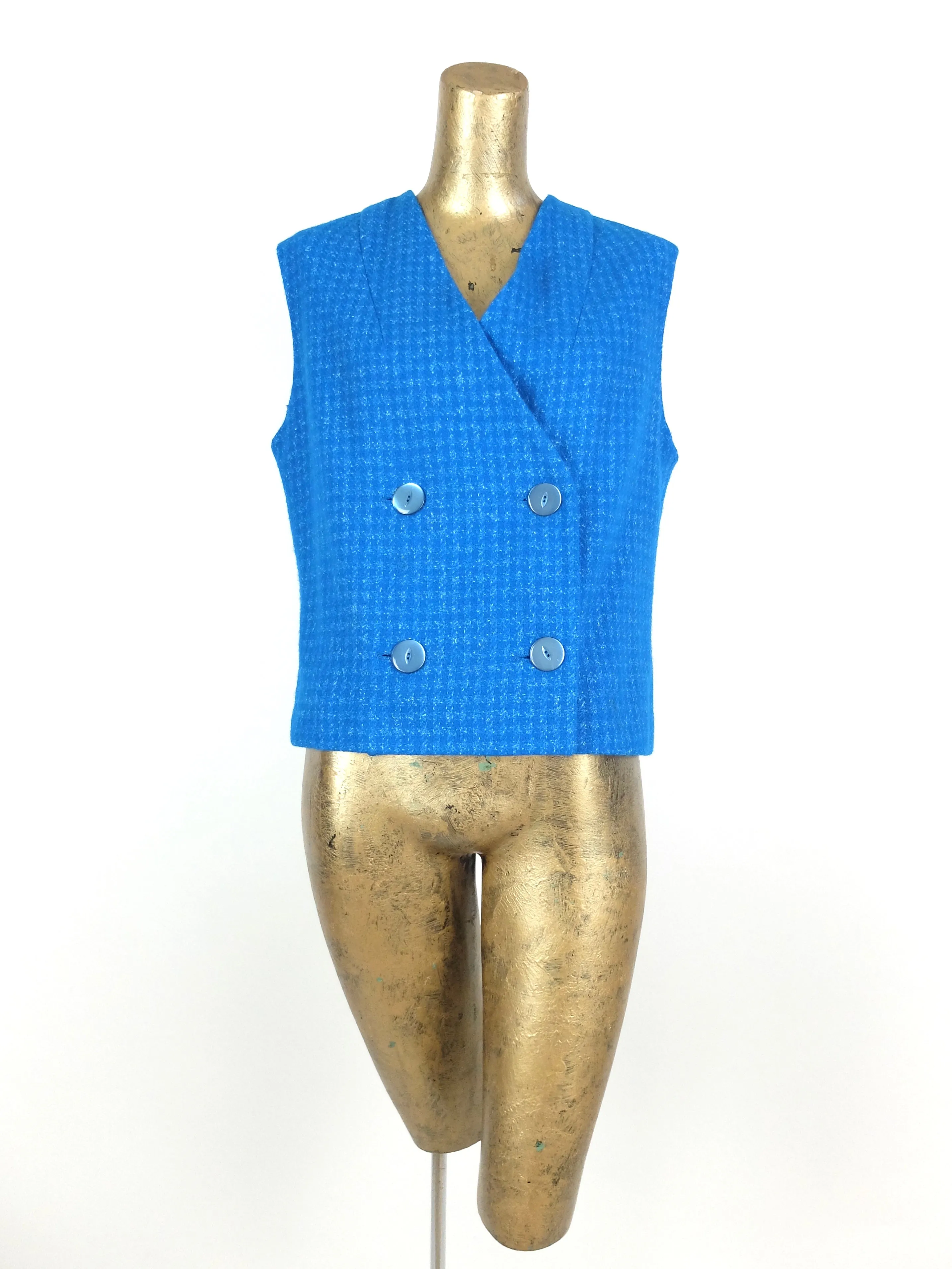 60s Mod Bright Blue Houndstooth Sleeveless Button Up Vest