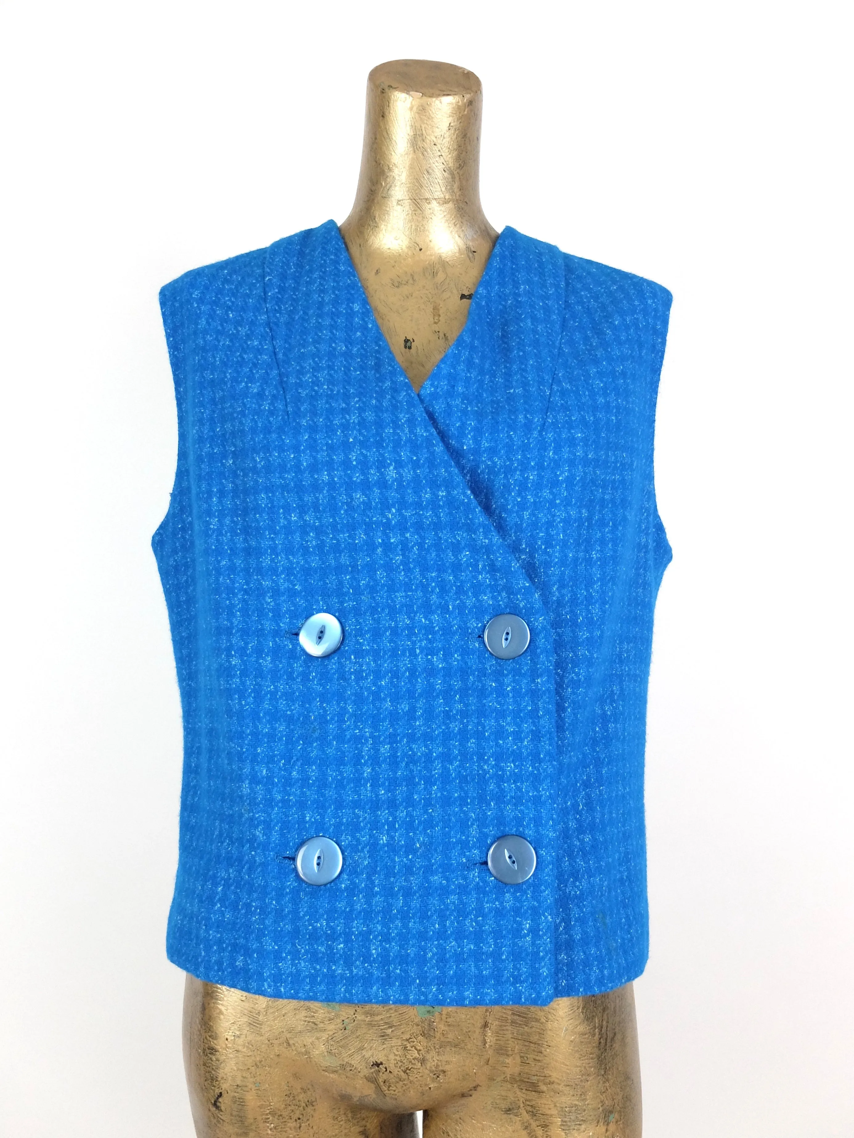 60s Mod Bright Blue Houndstooth Sleeveless Button Up Vest