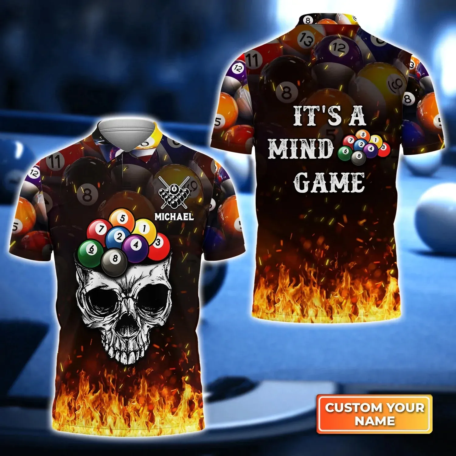 8 Ball Billiard On Fire Personalized Name 3D Polo Shirt, Gift For Billiard Players