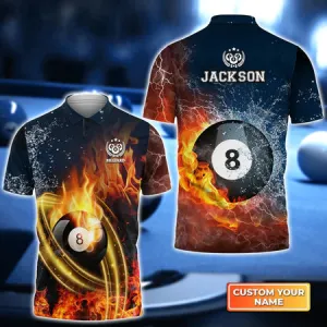 8 Ball Billiard On Fire Personalized Name 3D Polo Shirt, Gift For Billiard Players