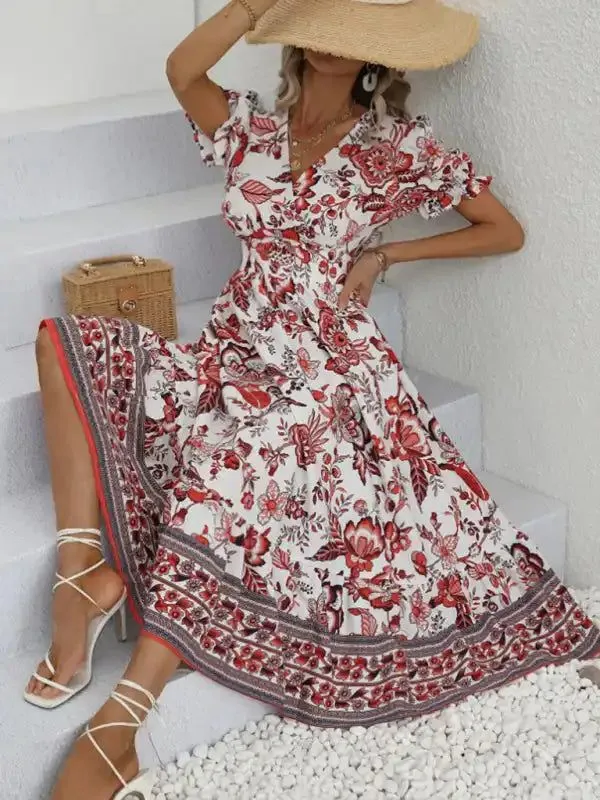 All-over positioning print printed puff-sleeved maxi-neck dress