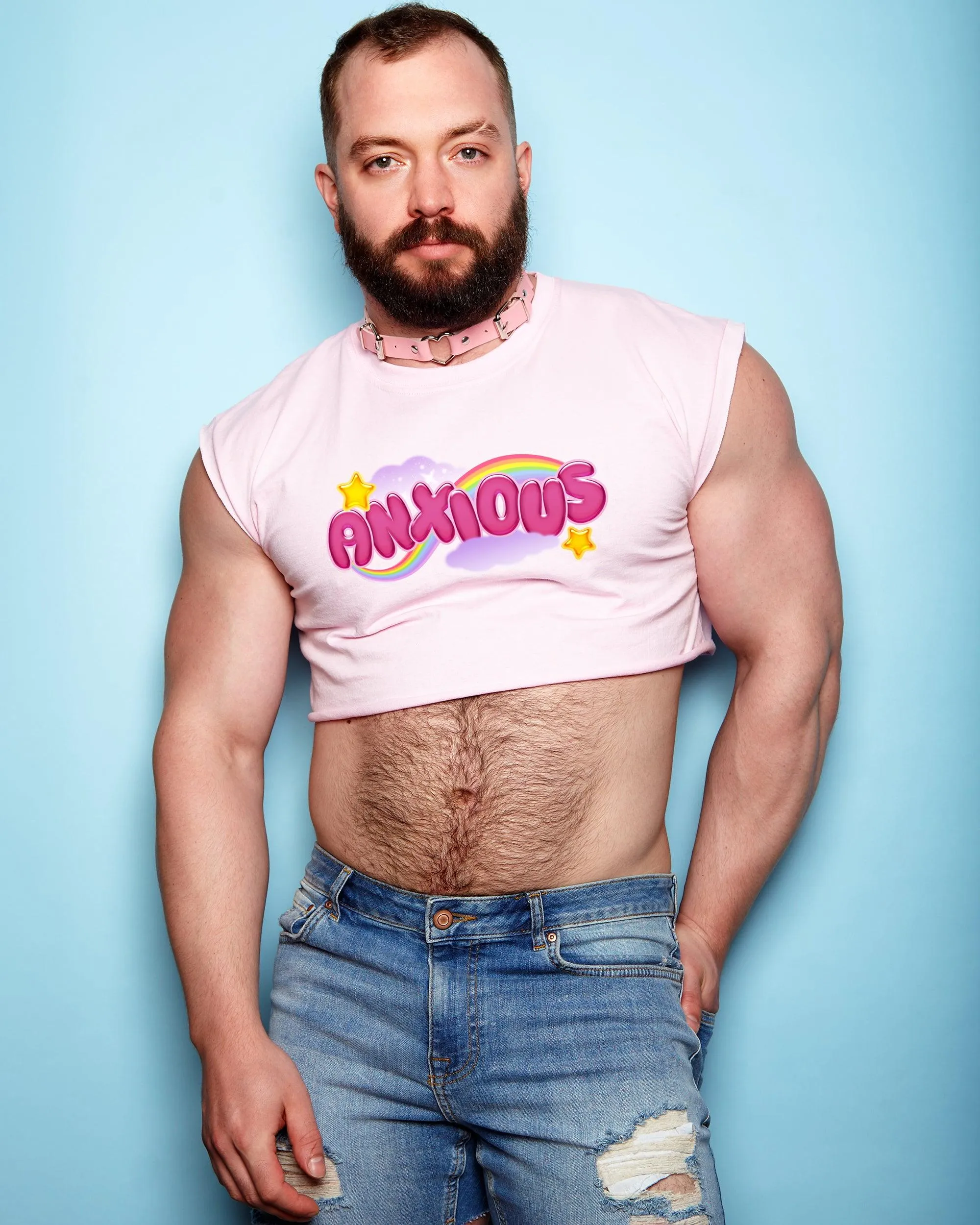 Anxious but cute, pink - mens sleeveless crop top.