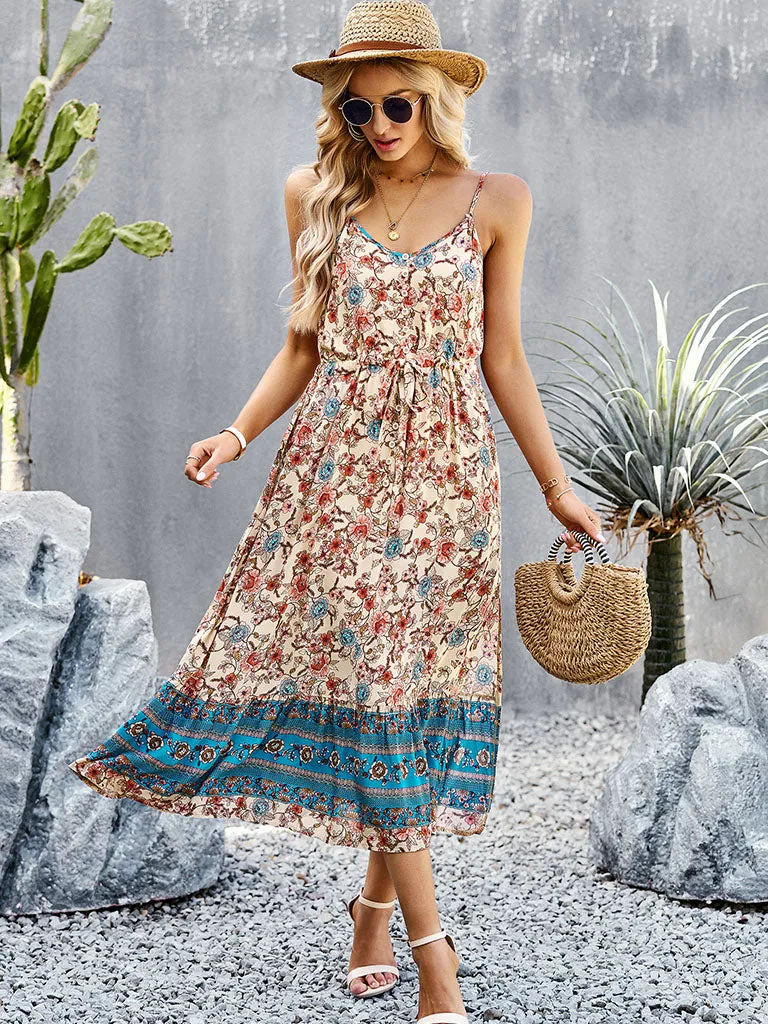 Apricot Spaghetti Strap Floral Print Bohemia Holiday Dress For Women