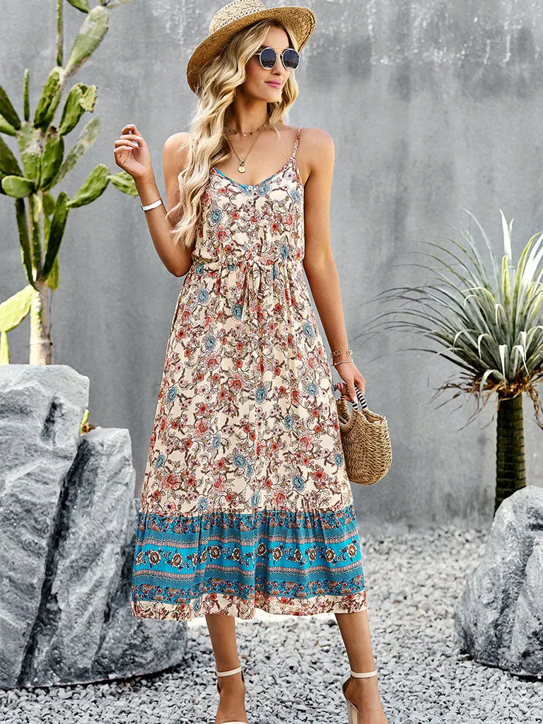 Apricot Spaghetti Strap Floral Print Bohemia Holiday Dress For Women