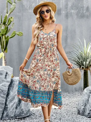 Apricot Spaghetti Strap Floral Print Bohemia Holiday Dress For Women