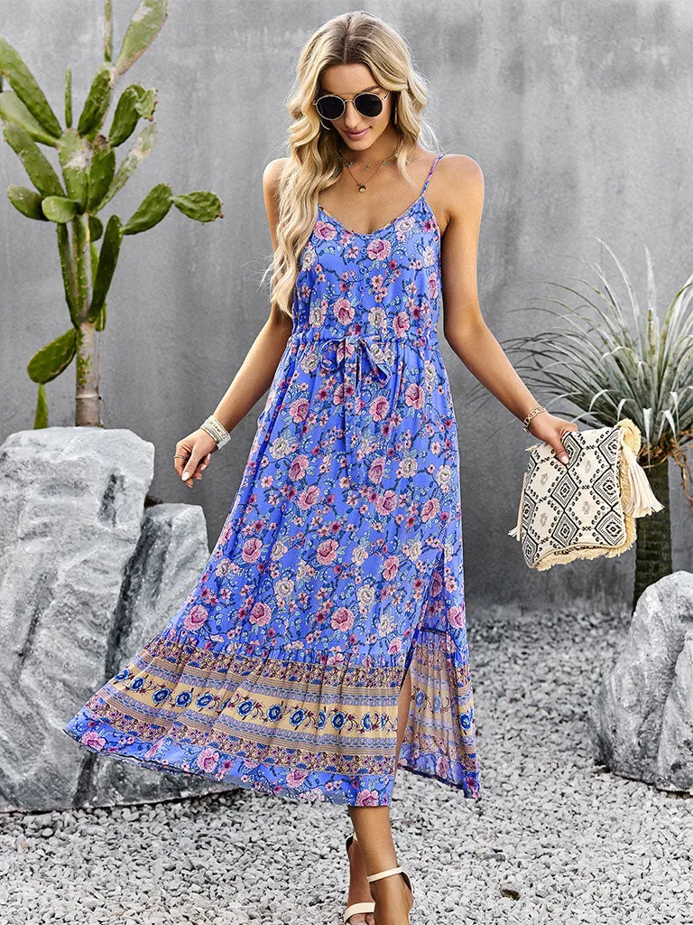 Apricot Spaghetti Strap Floral Print Bohemia Holiday Dress For Women