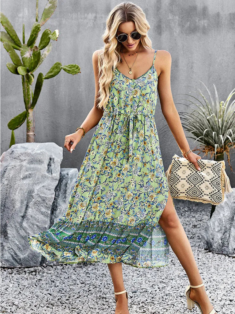 Apricot Spaghetti Strap Floral Print Bohemia Holiday Dress For Women