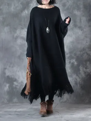 Autumn And Winter Ladies Bat Sleeve Tassel Sweater Dress