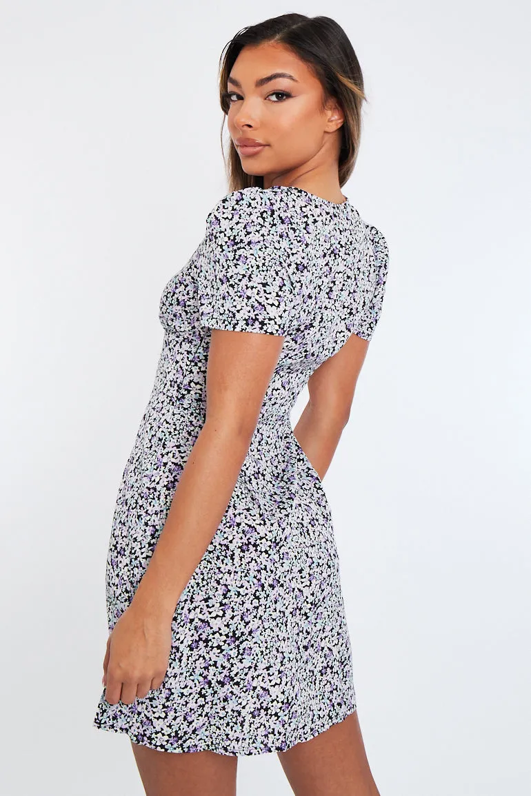 Black Purple V Neck Tea Mini Dress - Sydney