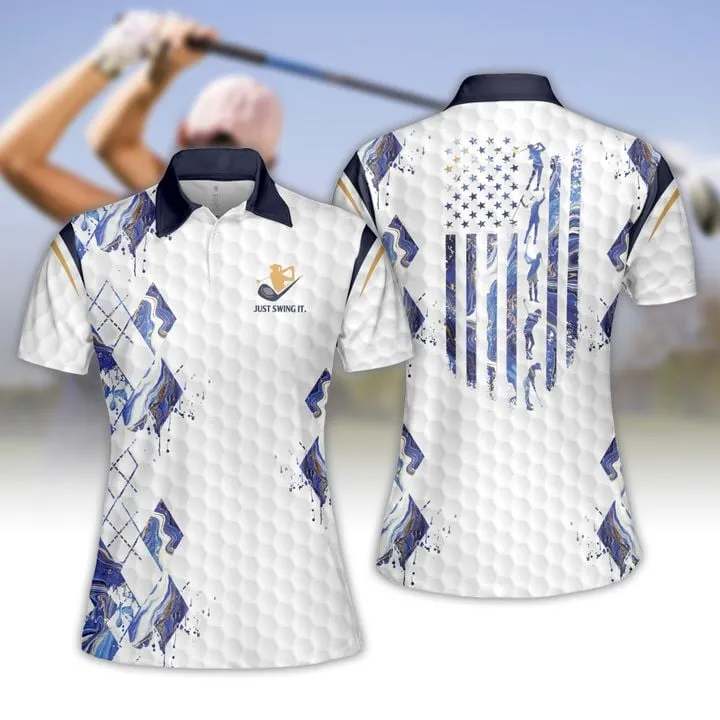 Blue Marble American Flag Women Short Sleeve Polo Shirt, Sleeveless Polo Shirt