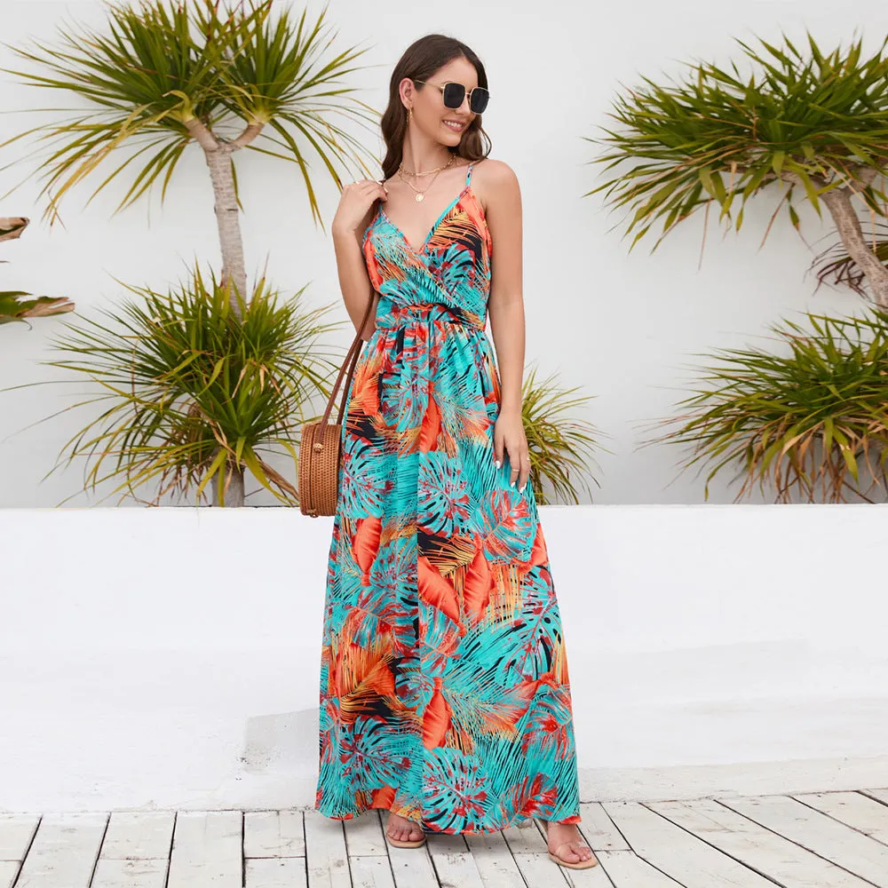 Bohemian Print  Sexy V-neck Sling Maxi Dress