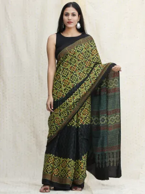 Bottle Green Black Lime Green Ajrakh Hand Block Printed Modal Silk Saree - S031704118