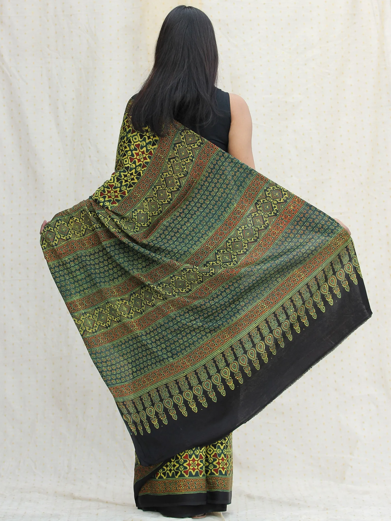 Bottle Green Black Lime Green Ajrakh Hand Block Printed Modal Silk Saree - S031704118