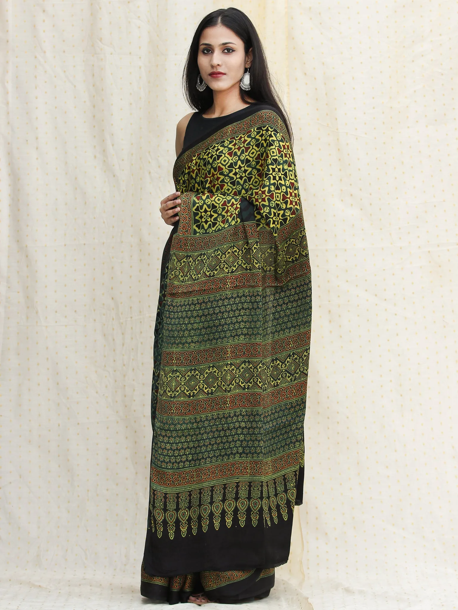 Bottle Green Black Lime Green Ajrakh Hand Block Printed Modal Silk Saree - S031704118