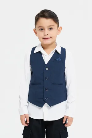 Boys Navy And White Vest And Shirt Set (2 Piece)