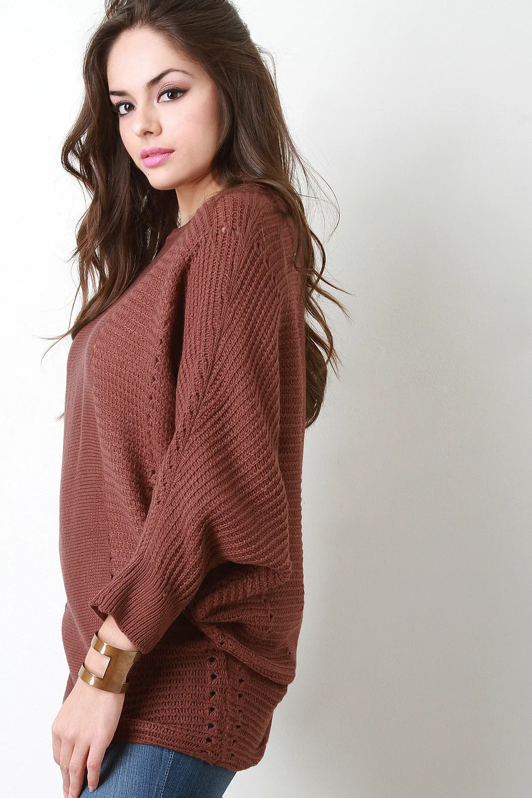 Contrast Knit Baggy Bat Wing Sweater