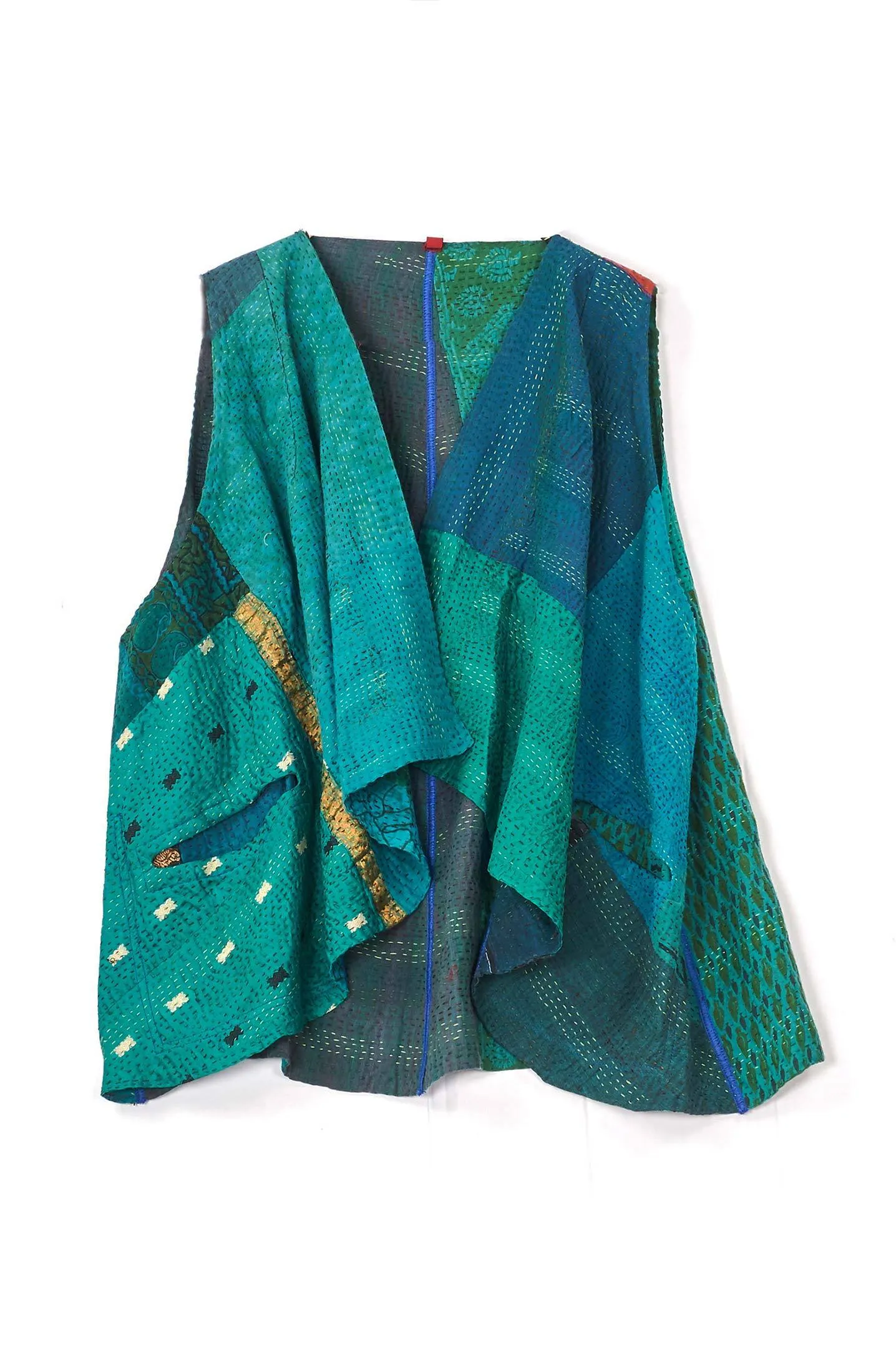 COTTON SILK SW PATCH KANTHA CIRCLE VEST - ws2226-tel -