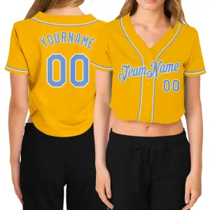 Custom Women's Gold Light Blue-White V-Neck Cropped Baseball Jersey