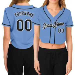 Custom Women's Light Blue Black-White V-Neck Cropped Baseball Jersey