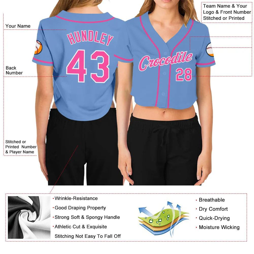 Custom Women's Light Blue Pink-White V-Neck Cropped Baseball Jersey