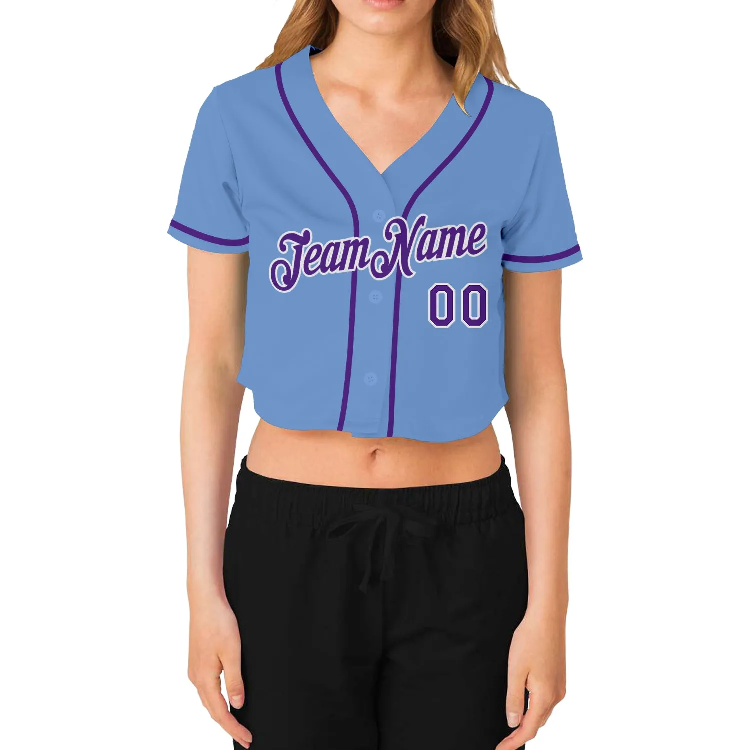 Custom Women's Light Blue Purple-White V-Neck Cropped Baseball Jersey