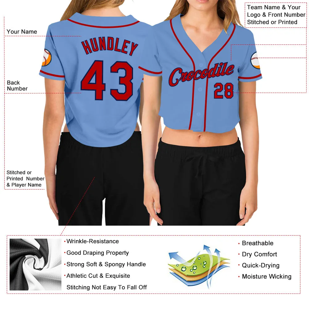 Custom Women's Light Blue Red-Navy V-Neck Cropped Baseball Jersey