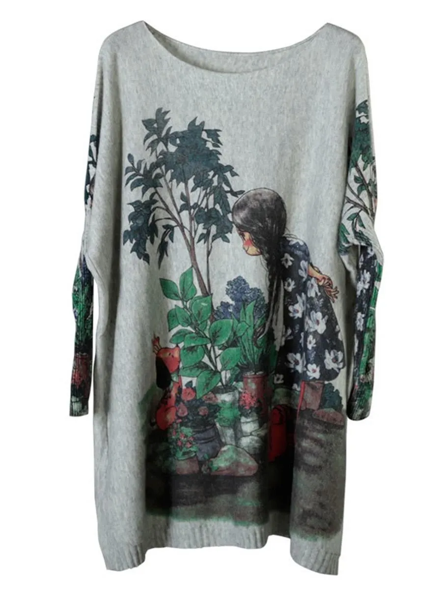 Cute Girl Loose Print Bat Sleeve Women'S Sweater