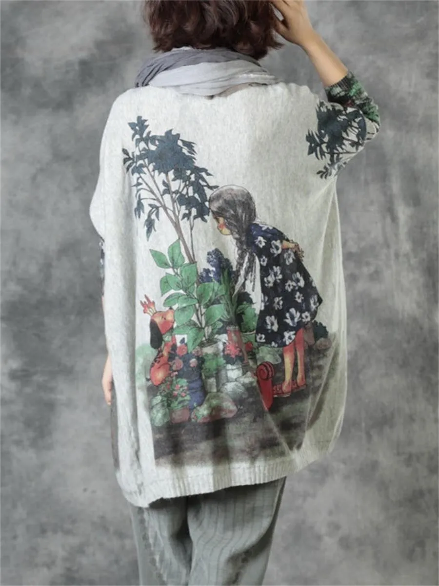 Cute Girl Loose Print Bat Sleeve Women'S Sweater