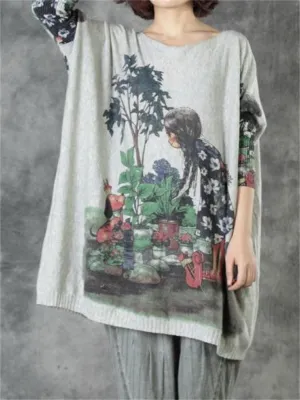 Cute Girl Loose Print Bat Sleeve Women'S Sweater