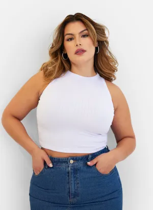 Essential Ribbed High Neck Crop Top - White