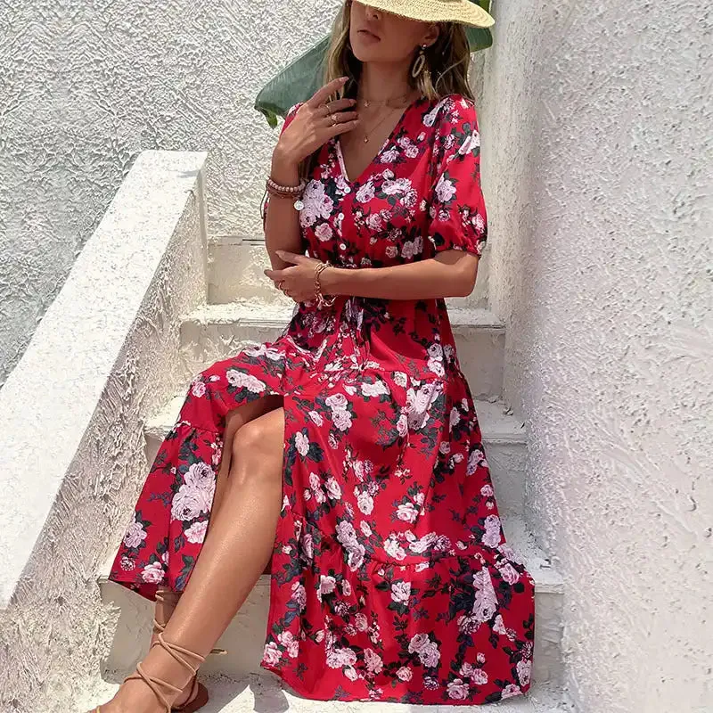 Fashion Women’s Printed v-neck Slit Dress