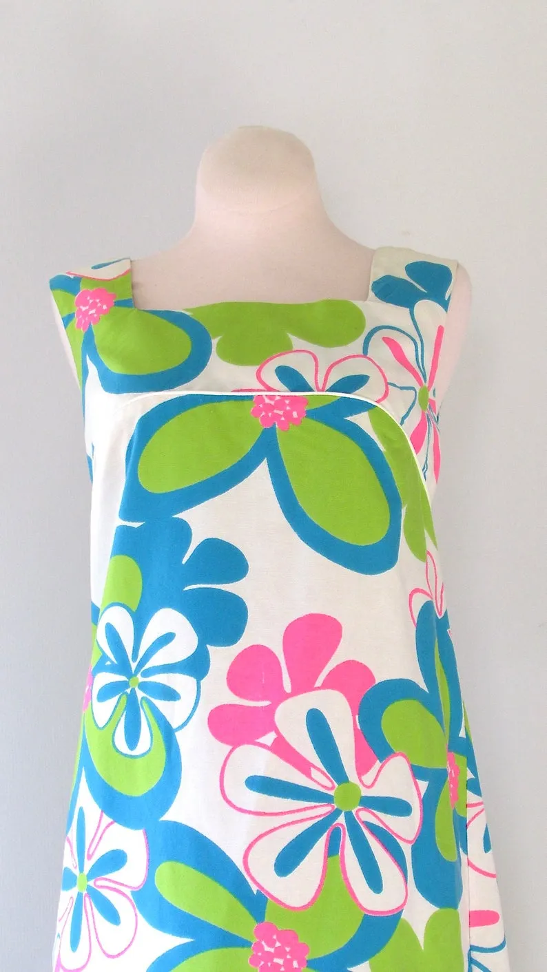 FLOWER POWER 1960s Psychedelic Fluorescent Hawaiian Floral Print Dress, Sz X-Small