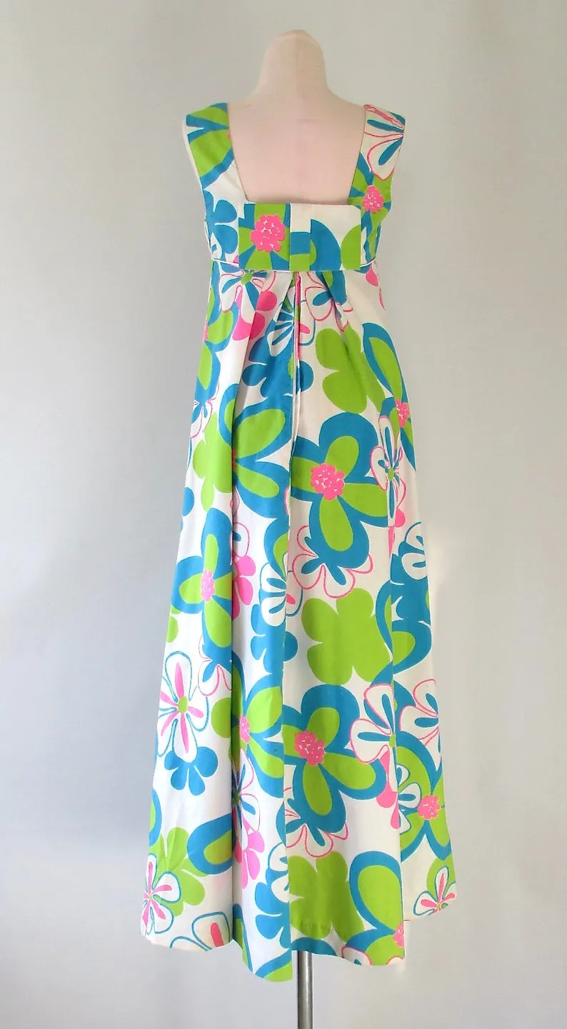 FLOWER POWER 1960s Psychedelic Fluorescent Hawaiian Floral Print Dress, Sz X-Small