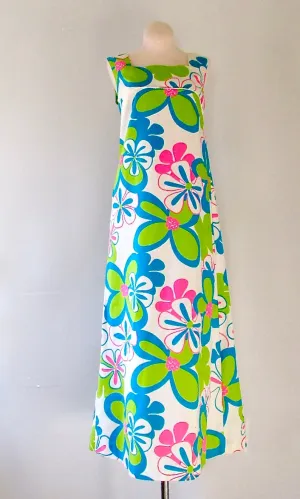 FLOWER POWER 1960s Psychedelic Fluorescent Hawaiian Floral Print Dress, Sz X-Small