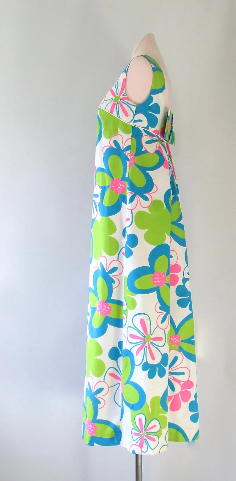 FLOWER POWER 1960s Psychedelic Fluorescent Hawaiian Floral Print Dress, Sz X-Small