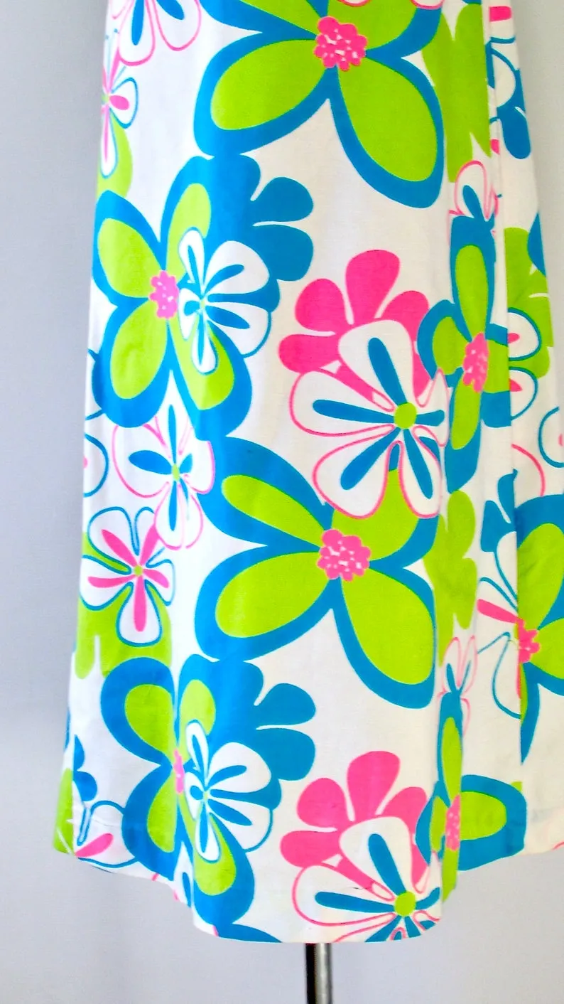 FLOWER POWER 1960s Psychedelic Fluorescent Hawaiian Floral Print Dress, Sz X-Small