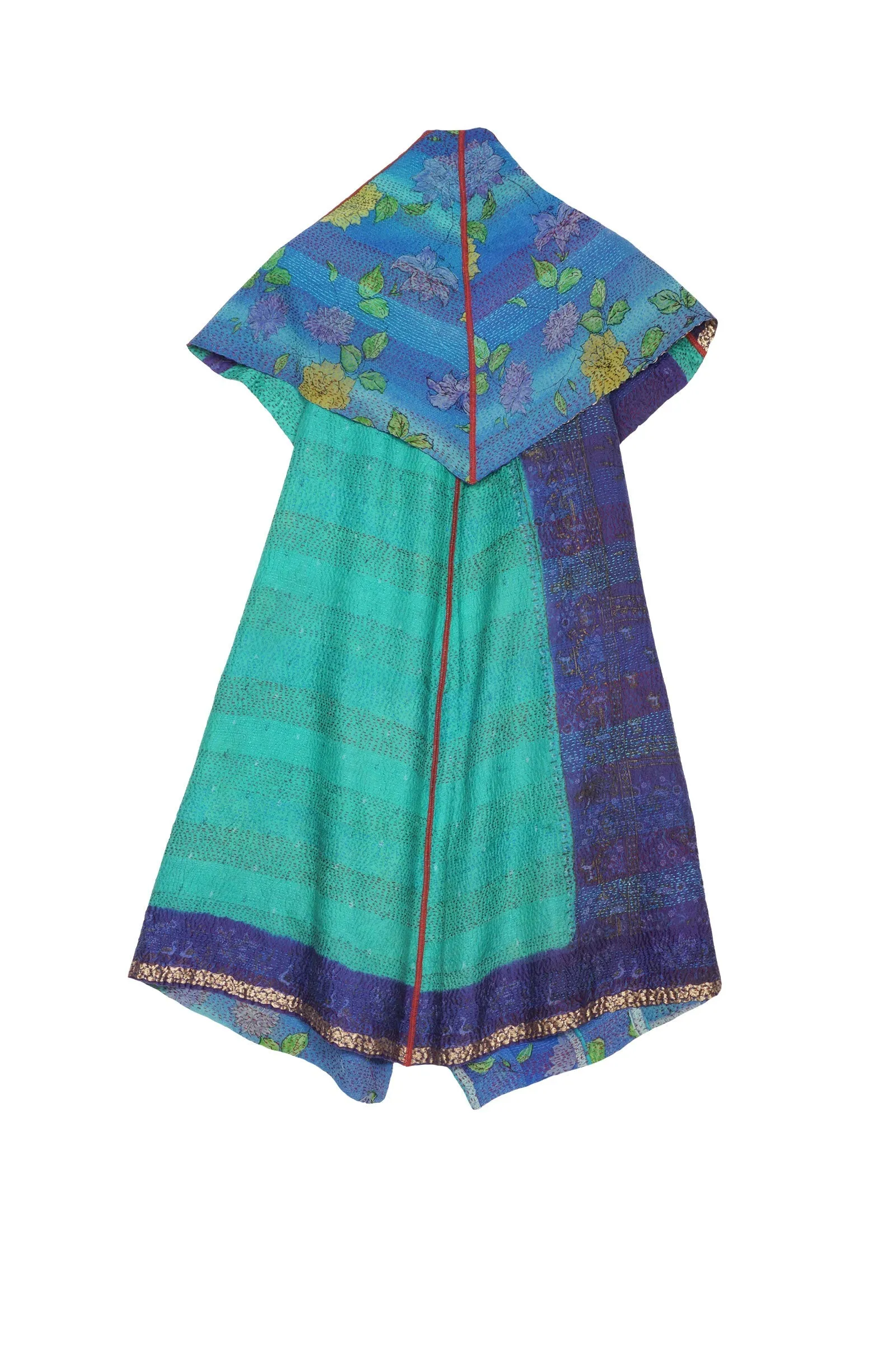 GEORGETTE VINTAGE SILK PATCH KANTHA CIRCULAR VEST - gs2201-9003a -