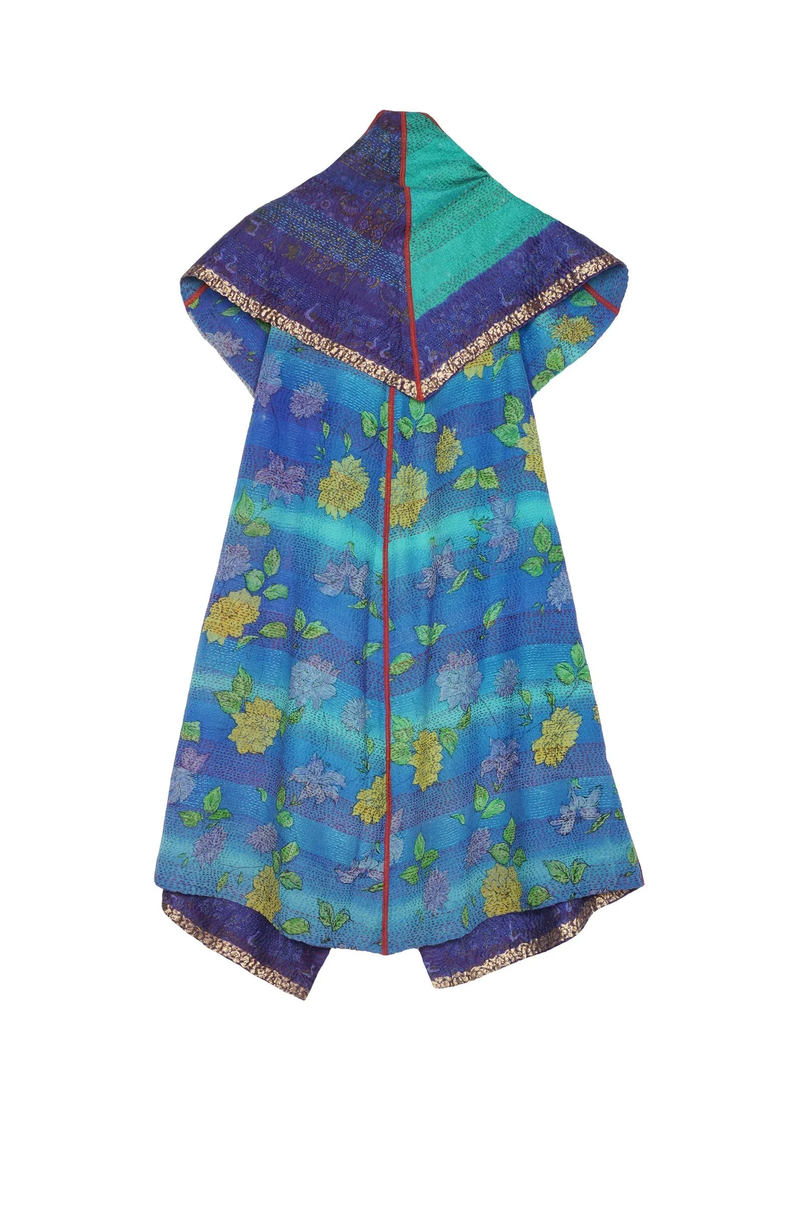 GEORGETTE VINTAGE SILK PATCH KANTHA CIRCULAR VEST - gs2201-9003a -