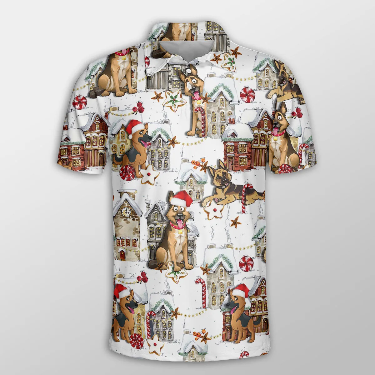 German Shepherd Christmas Town Dog Button Polo Shirt