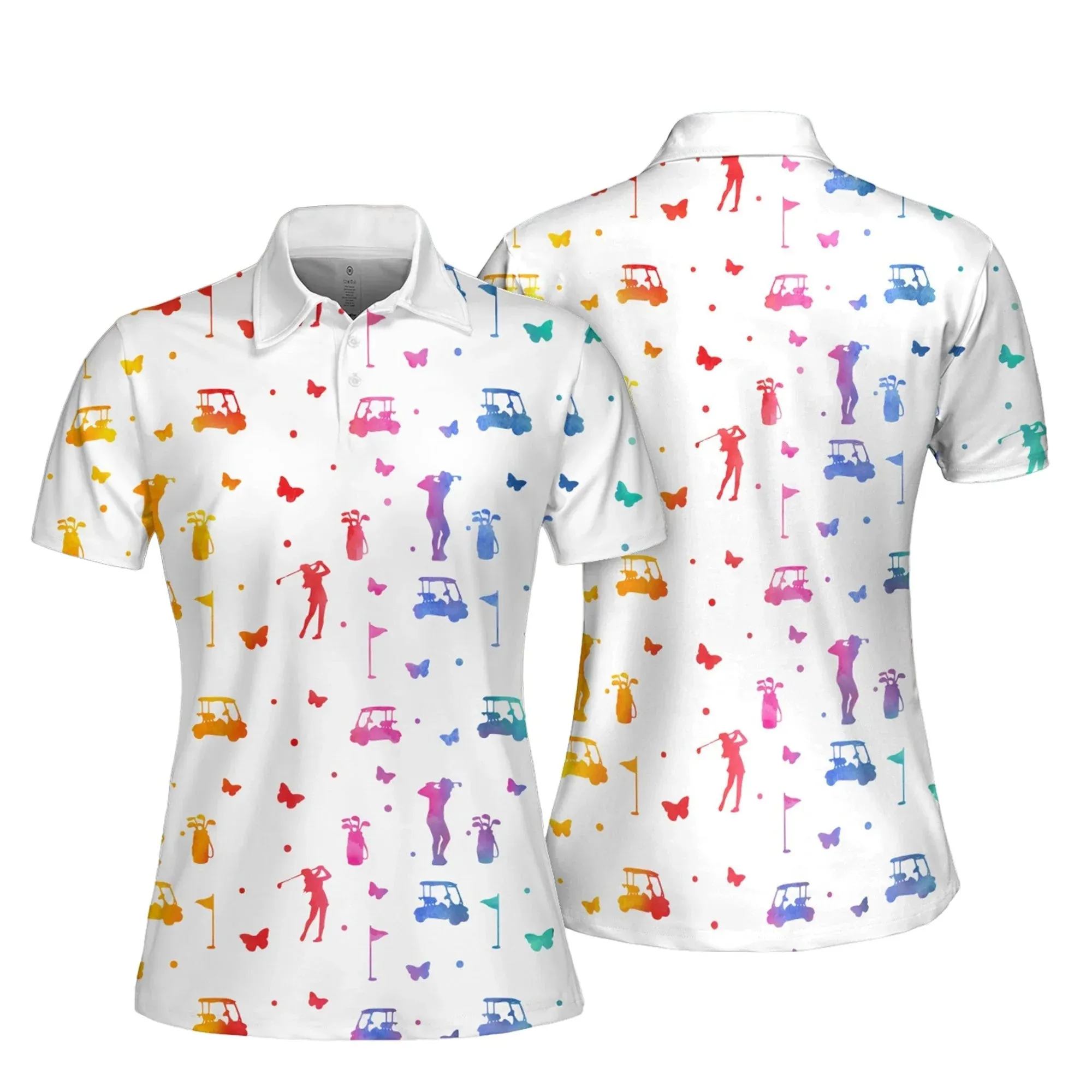 Golf Silhouette Butterflies Water Color Women Short Sleeve Polo Shirt, Women’s Jersey Polo Shirt