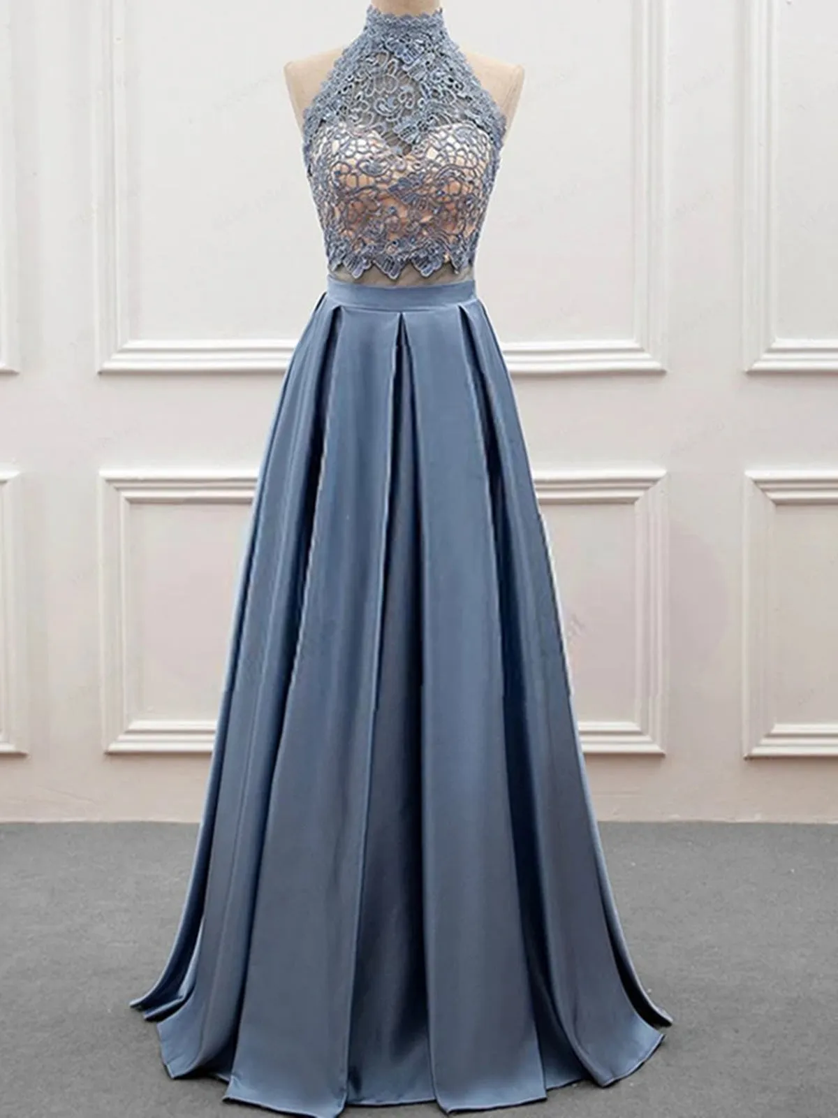 High Neck 2 Pieces Blue Lace Long Prom, Open Back Two Pieces Blue Lace Formal Evening