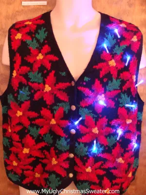 Horrible Front and Back Poinsettias Christmas Sweater Vest with Lights