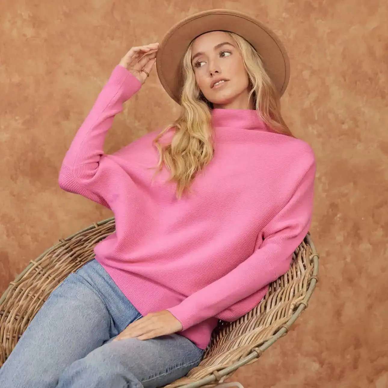 Hot Pink Slouch Neck Dolman Sleeve Sweater