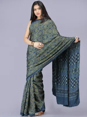 Indigo Olive Green Black Ajrakh Hand Block Printed Modal Silk Saree - S031704193