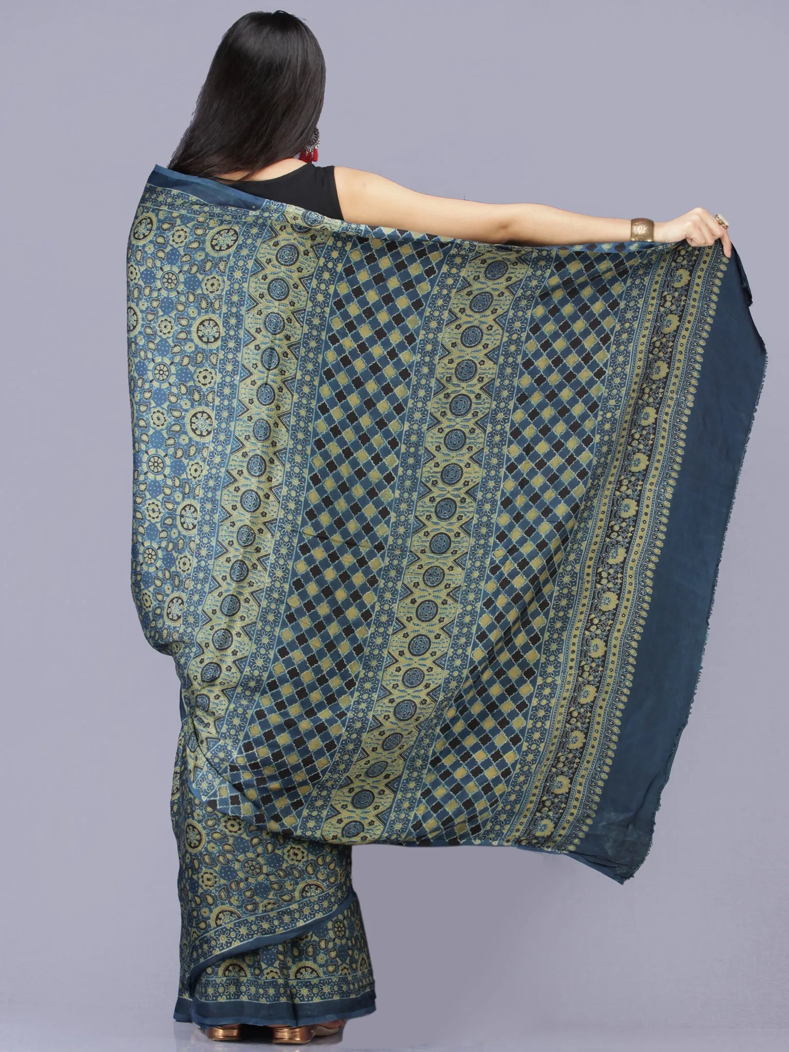 Indigo Olive Green Black Ajrakh Hand Block Printed Modal Silk Saree - S031704193