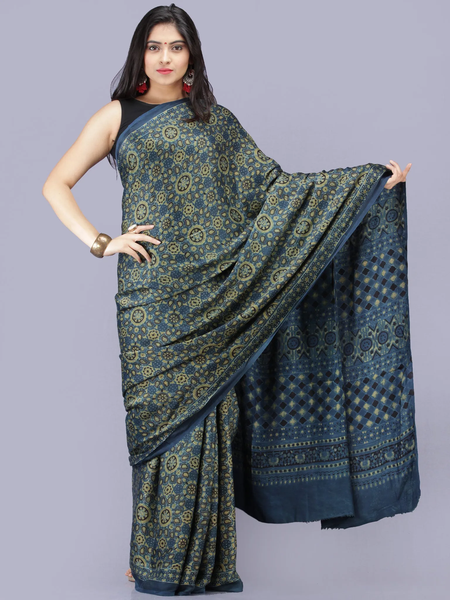 Indigo Olive Green Black Ajrakh Hand Block Printed Modal Silk Saree - S031704193