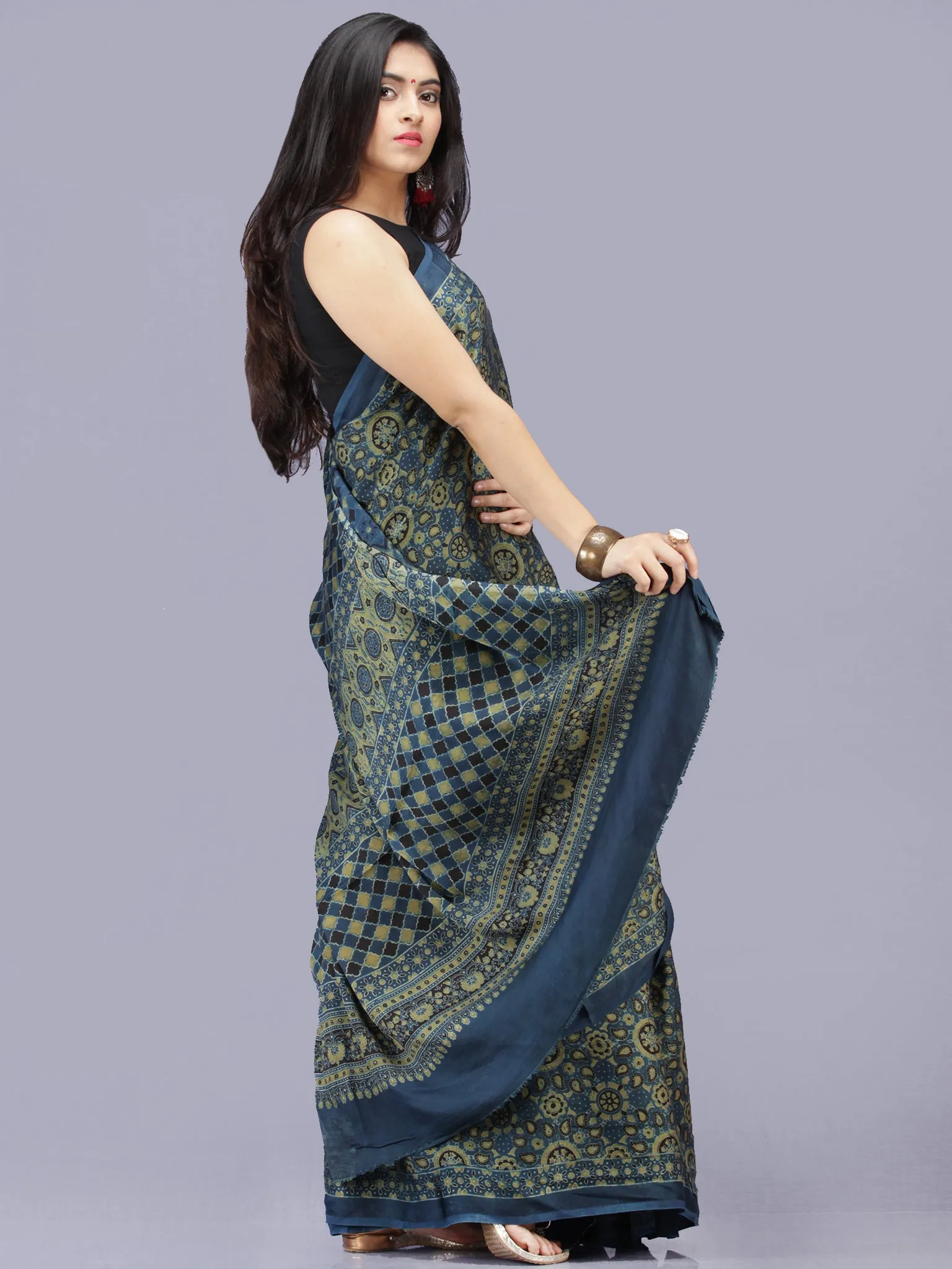 Indigo Olive Green Black Ajrakh Hand Block Printed Modal Silk Saree - S031704193