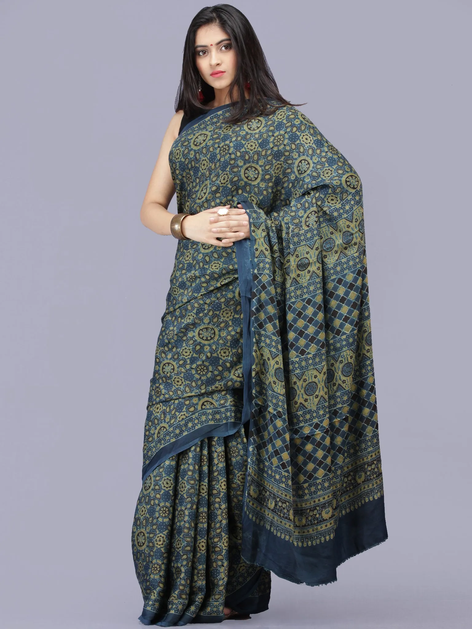 Indigo Olive Green Black Ajrakh Hand Block Printed Modal Silk Saree - S031704193