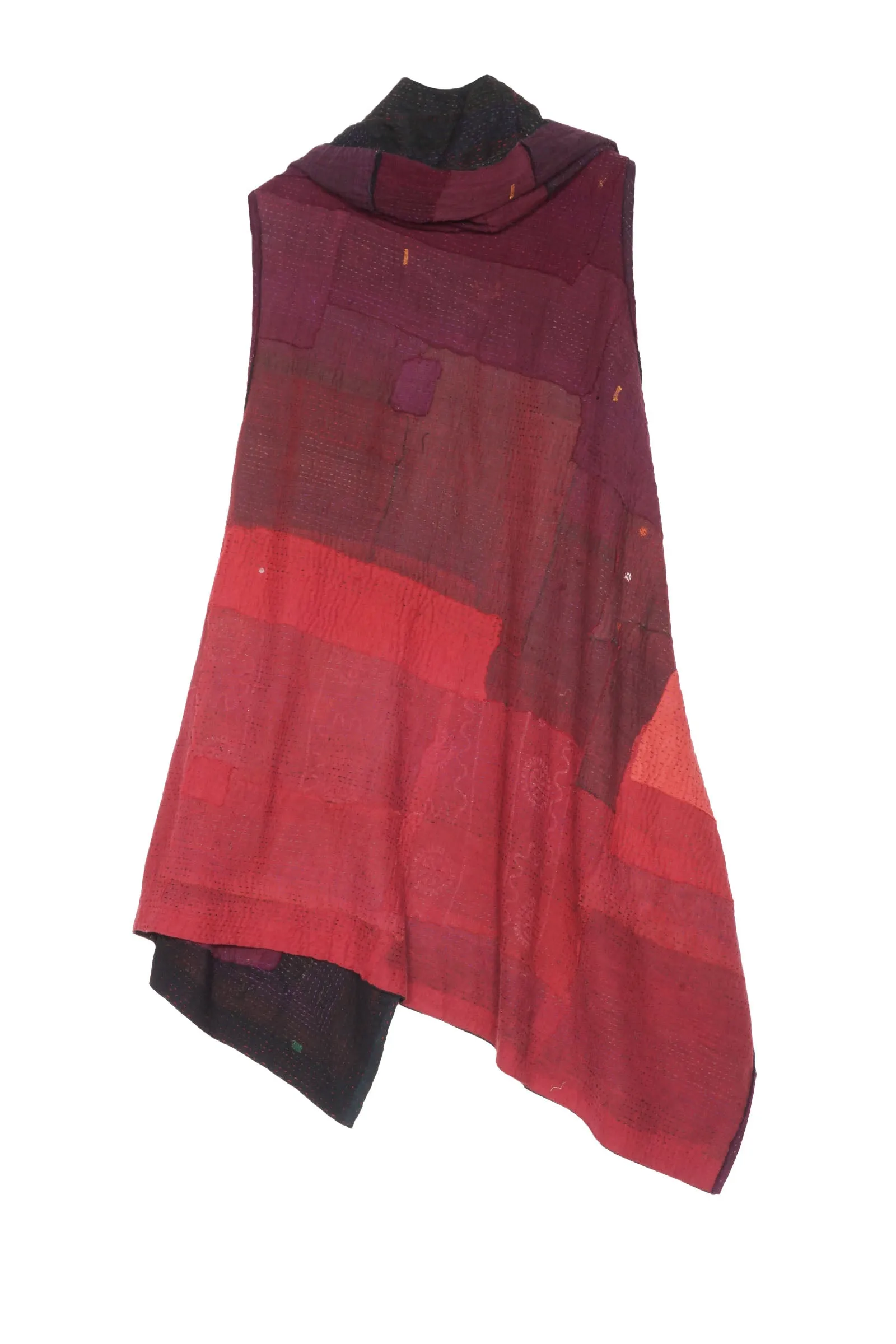 LANDSCAPE FRAYED PATCH KANTHA HOODED VEST - lf2220-red -