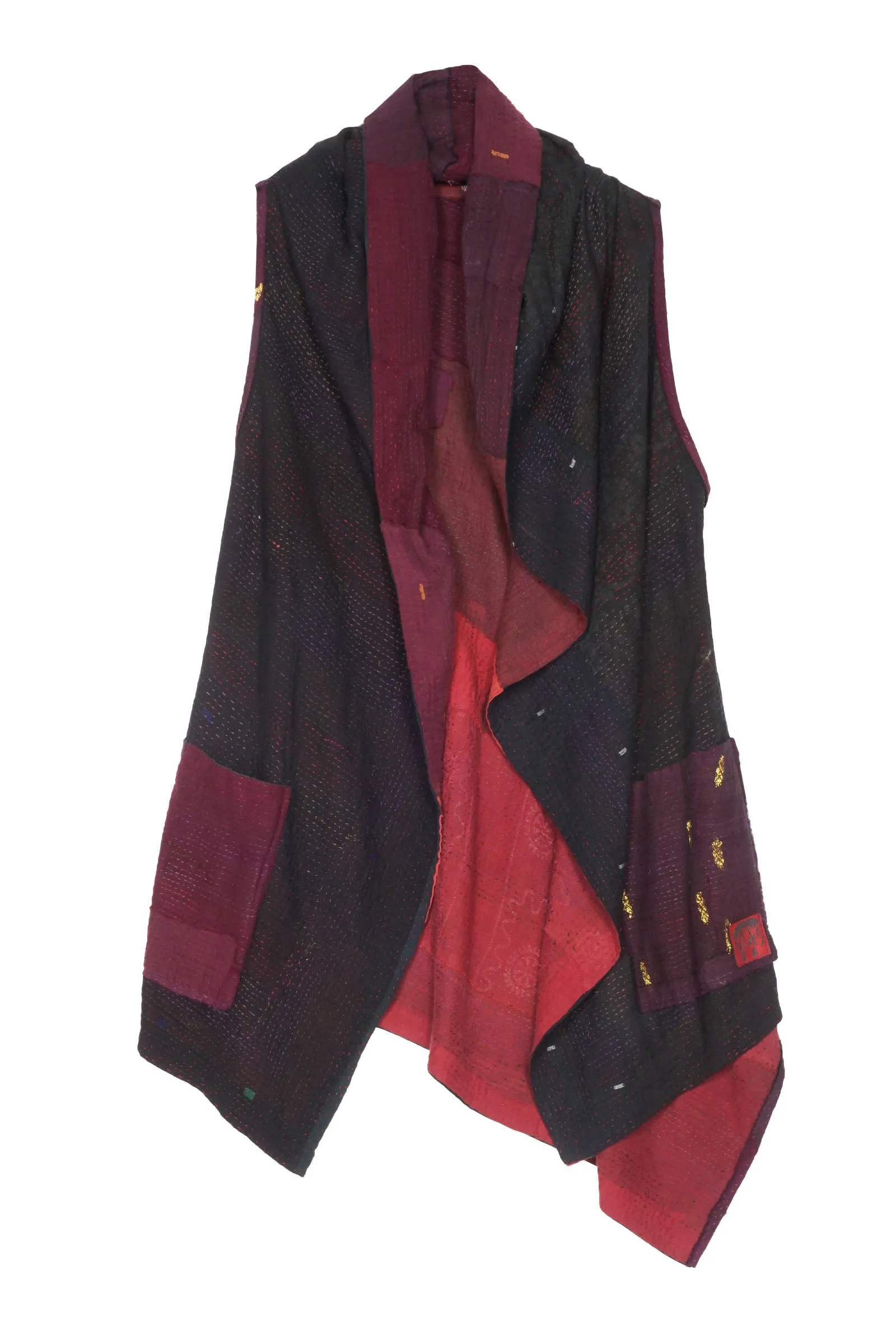 LANDSCAPE FRAYED PATCH KANTHA HOODED VEST - lf2220-red -